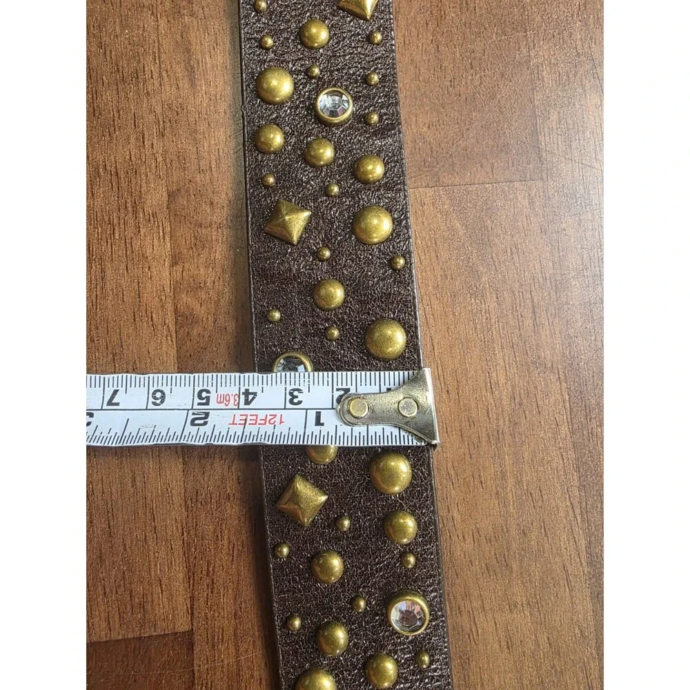 Studded Rhinestone Faux Leather Belt Brass Hardware Brown